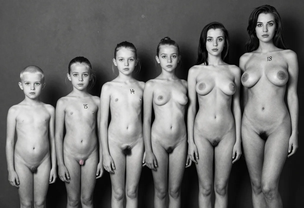 six naked girls, aged 10 to 18, stand side-by-side, their ages clearly marked on their smooth, hairless skin in bold, black marker. the 10-year-old on the left has a flat, undeveloped tummy and tiny, closed slit, her head shaved, bright green eyes wide with innocence. next to her, the 11-year-old's chest just begins to bubble with budding breasts, nipples already slightly puffy and pink.the 12-year-old has a slightly rounder tummy, her breasts more pronounced, nipples slightly darker, still small and firm, while her genital slit shows slight pinkness and a hint of separation. the 13-year-old's body starts to show more definition, her waist narrow, hips just beginning to curve, a small patch of soft brown pubic hair peeking out.the 14-year-old has a more defined bust, her nipples smaller but more pronounced, skin smooth and lightly tanned, pussy lips still tight but more pronounced. the 15-year-old has an hourglass figure emerging, full breasts with large, hardened pink nipples, flat tummy emphasizing her budding curves, a lightly fuzzy peach-colored mound, no discernible pubic hair. the 18-year-old stands tall, her breasts full and heavy, nipples darker and more mature, a deep V-shape to her torso, round hips and full, shapely ass emphasizing her womanly figure. her pussy is fully developed, labia plump and slightly swollen, a small dark patch of curled hair above her smooth, hairless mound. the girls are spaced evenly, ages increasing from left to right, shot in high contrast black and white, inspired by classic fetish art. background is a plain, dark gray concrete wall. all angles are clean and simple, emphasizing the visual progression of age and sexual development. the image style matches high-end commercial photography, capturing every detail in sharp focus.