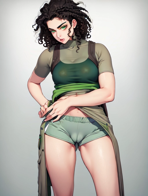 Hot 18yo white girl, with curly dark hair, green eyes, using grey outfit, with a thight shorts and a visible camel toe, 8k, detailed, canon, nikon, high quality, beautiful face