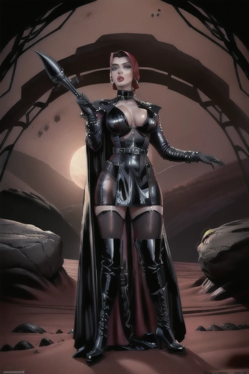 (((highly detailed color photo of Scarlett_Johansson))) (((dressed like Dominatrix Nyah from film Devil_Girl_from_Mars))) black cape, black cowl covers hair, hair covered with black skull cap shaped like widows peak, black leather boots, ((((background is rocky Mars Landscape)))), perfect natural breasts (((perfectly shaped hard erect nipples))) accurate skin detail ((perfectly nipple placement)) (((detailed hair features))) (((detailed facial features))) (((detailed hand features))) (((detailed body features))) sweaty gorgeous face only two breasts only two nipples only two legs