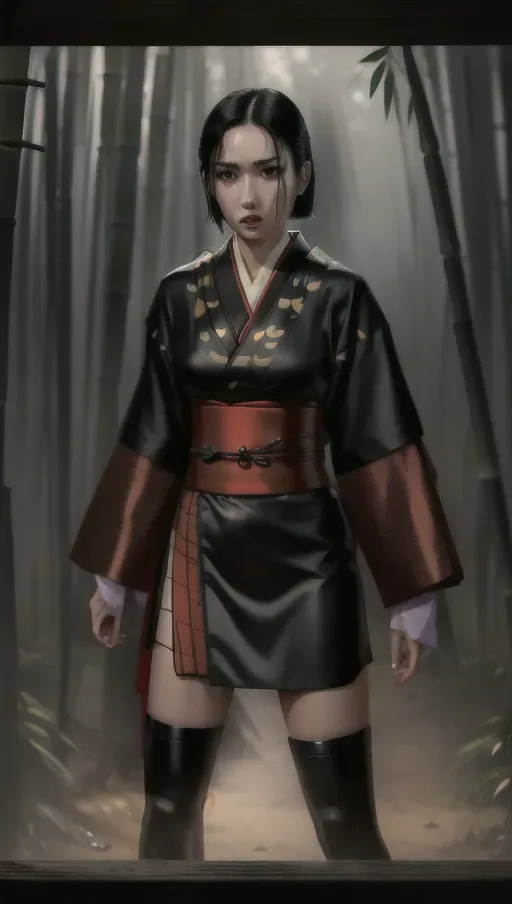 1girl, full body , detailed face, beautiful, attractive, sexy, flawless, shapely, sensual, fatal, lethal, deadly, hurt, bruised, feudal japan, japanese , seductive, surprised, startled, stunned, attacked, ambushed, assaulted, frightened, terrified, alarmed, scared, spooked, panicked, fearful, terrorised, moody lighting, night, short hair, dark hair, black hair, almond shaped eyes, eyes open, eyes wide, eyes wide open, thin lips, solo , masterpiece, ultra high res, professional, photo referenced, 23 years old, young adult, slim, pale skin, kimono, dark red kimono, saliva, saliva dripping, summer, thin clothing, sweat, sweaty skin, shiny skin, purple eyeliner, small breasts, pain, head tilt, bending, bent, 1 character, bags under eyes, foot, feet, foot side, toe, toes, fully clothed, long legs, tall, bamboo forest, cosplay, fishnet, mini skirt, thong, traditional, ninja, kunoichi, tight, kimono, covered chest, covered breasts, long top, small breasts, cotton,