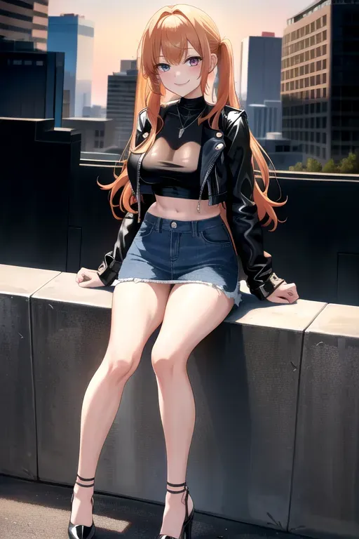 full body, strawberry blonde hair, hazel eyes, short girl, denim miniskirt, black high heels, looking at viewer, long hair, pale skin, silver necklace, black crop top, 24 years old, giant breasts, cute face, pov, wavy hair, city environment, Oklahoma City, wide eyes, erotic, skirt tug, leather jacket, nighttime, black backpack, slim body, low pigtails, sitting on wall, smiling