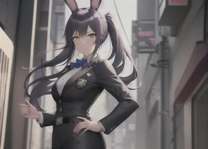best quality, highly detailed, an anime girl detective wearing a button up shirt and grey slacks, fluffy bunny ears, fluffy bunny tail, cute, fighting bad guys in an ally, martial arts, perfect figure, absurd resolution, highly detailed background, vivid colors, world lighting, 8k, wallpaper, wide shot, a bunch of cops with bunny ears waiting at the ready in the background