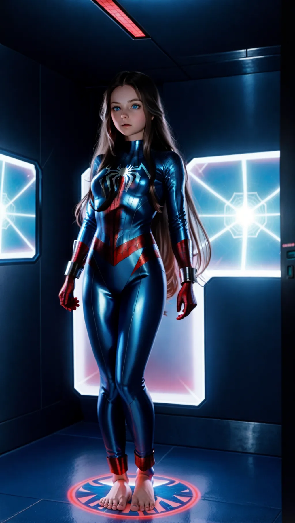 full-body image of a gorgeous barefoot girl with long hair and blue eyes wearing Spiderman outfit and gloves while standing on an alien spacecraft with scanning devices in the floor while wearing metal cuffs around her ankles and toes, sexy feet, barefoot, exposed face, exposed head, bare feet, metal toe cuffs, ankles restrained,