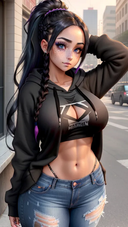a high resolution photo of a gorgeous young woman, looking at the viewer. high quality, best quality, high resolution, night time, night setting, school, school setting, perfect eyes, perfectly detailed eyes, long hair, hispanic, mexican, black hair, dark hair, braided hair, pigtails, freckles, (thick thighs), narrow waist, slender waist, ((goth girl)), ((dark makeup)), ((black eyeliner)), ((cotton hoodie)), ((cutoff hoodie)), ((exposed navel)), ((jeans)), ((massive breasts)), ((gigantic breasts)), ((enormous breasts)), ((thick thighs)), ((muscular)), (symmetrical eyes), (highly detailed eyes), (perfect eyes), brown eyes, (((huge breasts))), ((breasts bigger than head)), 4k resolution, highest resolution, max resolution, maximum resolution, serious expression, smile, ((very muscular)), ((perfect eyes))