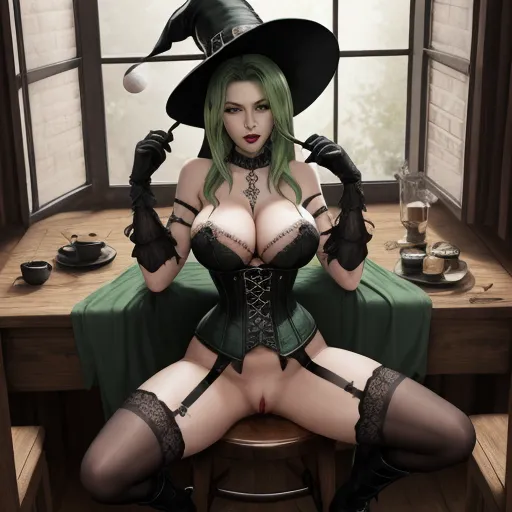sexy witch, nipple play, big tits, corset, witch hat, green hair, cum leaking from pussy, cum in pussy, cuppging breast with hand, full body, sitting on table, one leg up, squeezing her own tit with hand, grabbing boob with hand, squeezing breasts with hand, tiny bra