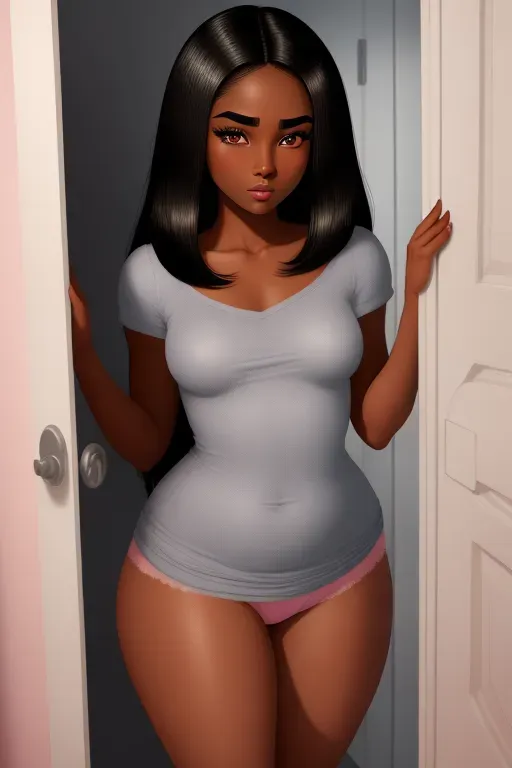 Cute wife, dark skin, mid length straight hair, dark eyebrows, dark eyelashes, glittering mascara, hazel eyes, small nose, full pink lips, strong cheekbones, soft cheeks, narrow chin, thin figure, small breasts, thin waist, curvy ass, thin thighs, wearing a loose grey shirt, wearing cute pink cotton panties, aroused, submissive, ready for sex, standing in the doorway of her closet undressing, looking at me, Disney animation, high definition, 4k quality, cinematic lighting, great shading, excellent detail, five fingers per hand