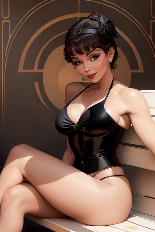 Portrait by Georges Lepape, portrait by Paul Poiret, Joan Collins in a bikini, looking at me, full makeup, alluring sexually aroused smile, black rose garden, wrought iron bench, champagne, sexually intimate pose,