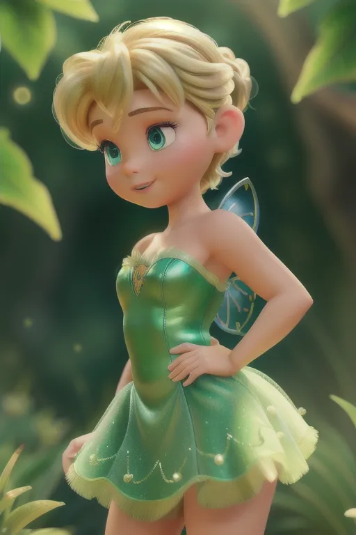 Tinker Bell as seen in the Peter Pan Disney movies, showing her cute body, short blonde hair in a bun, thicc figure, thicc ass, full, thighs, looking very provocative, showing her aroused clit, aroused pussy, throbbing anus, flying, fairy, large fairy Tinker Bell wings attached to her back between the shoulder blades, accurate tinker bell mini dress, jagged hemline, neverland background, accurate outfit to the disney films, high definition, 4k quality, excellent lighting, great shading, pristine detail, very clear picture, beautiful vibrant colors, accurate at lower prompt guidence, ultra realistic, five fingers per hand.