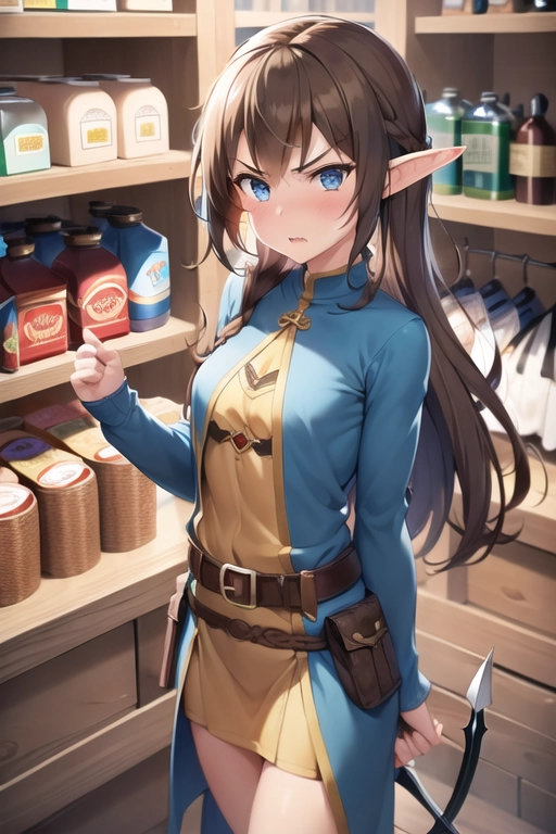 1girl, elf girl, adult woman, brown hair, hot, sexy, small breasts, (((fully clothed))), adventurer, (((hunter clothes))), medieval shop, ((( general store inside))), beautiful, perfect image, good art, (((modest clothing))), blue clothes, angry reaction, proud face, inside, short blouse, angry face, two hands, good anatomy