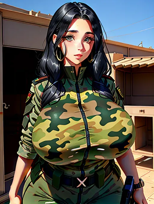 Gorgeous young Israeli woman, photo cute attractive young face, large wide doe eyes, light colored eyes, big plump lips, huge gigantic boobs, (gigantic tits), raven-black hair, sexy, thin, slim waist, tight olive-colored camouflage Israeli Defense Force soldier fatigues, photorealistic, best quality, ultra high resolution