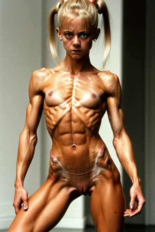 A very fit and skinny 18 year old naked Linnea Quigley, look of pain on her face, pushing her abs out, very low body fat, extremely lean body, perfect body, showing her vagina, standing in a hot fuck palace, fully nude, fully tanned, hair bun, spreading her legs, perfectly shaped breast