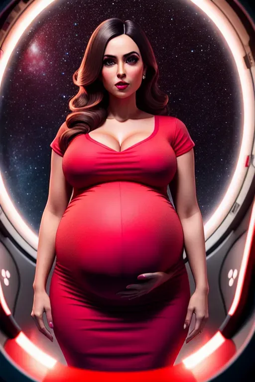 A realistic photo of, Anna, standing, in a spaceship, pregnant, highly detailed, pregnant, tight bright red dress, accurate face, large breasts, four slender fingers, gorgeous face, beautiful pink lips, smooth skin, detailed large eyes, pregnant, curved eyebrows, eyeliner, cinematic lighting, unreal engine, bokeh