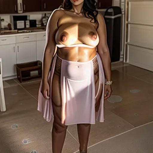 Mature Latina woman, standing posing nude, realistic photo, fully nude, sagging small breasts, full hips and butt,lots of pubic hair, stretch marks on stomach, thick thighs, use face in photo