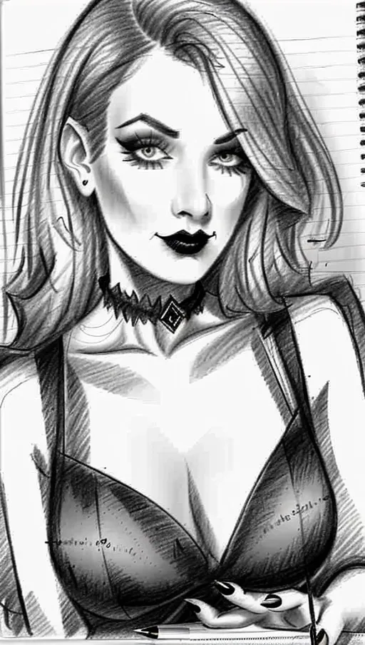 sketch of beautiful goth girl taking selfie, ((pencil sketch on lined paper)), art, rapid pencil sketch, guide lines visible, no shading, pencil sketch of woman, pencil sketch of goth, realistic drawing, true to life, lined paper sketch, drawing of beautiful goth girl,