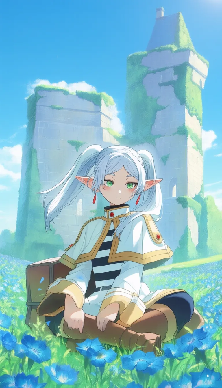 frieren, sousou no frieren, elf, green eyes, white hair, twintails, striped clothes, white capelet, full body, sitting in a flower field on top of an overgrown castle tower, blue flowers, outdoors, sunlight