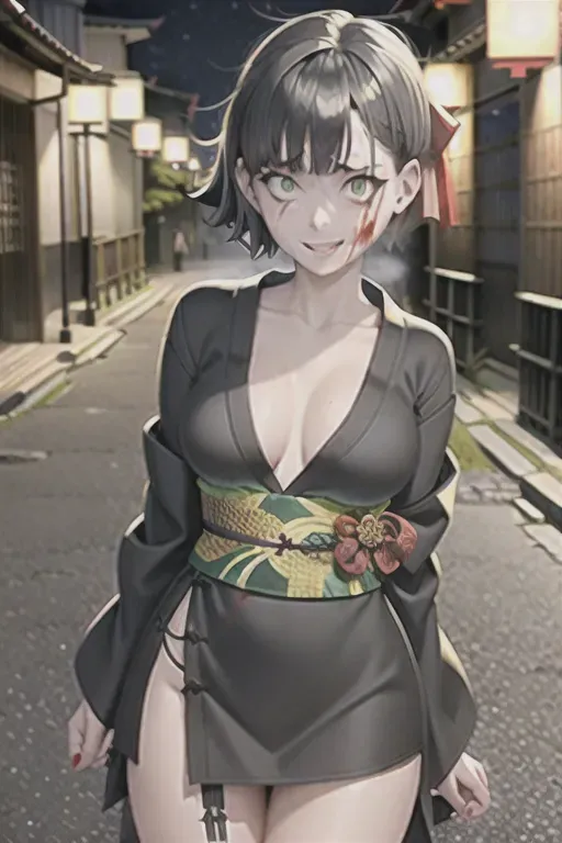 1girl, short black hair, green eyes, samurai, yukata, constricted pupils, yandere, light smile, crazy eyes, looking at viewer, kyoto night alley, atmospheric lighting, night sky, blood on clothes, torn clothes, head tilt, torn dress <lora:dpmg_crazy_expression:1>
<lora:dpmg_fingering:1>