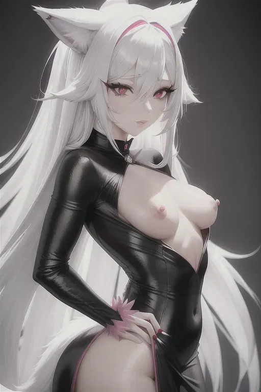 <lora:dpmg_pantpulldown:1>, woman, wolf ears, wolf tail, long white hair, red eyes, black dress, sweet face, focused, small breasts, naked, small nipples, pink nipples, high definition