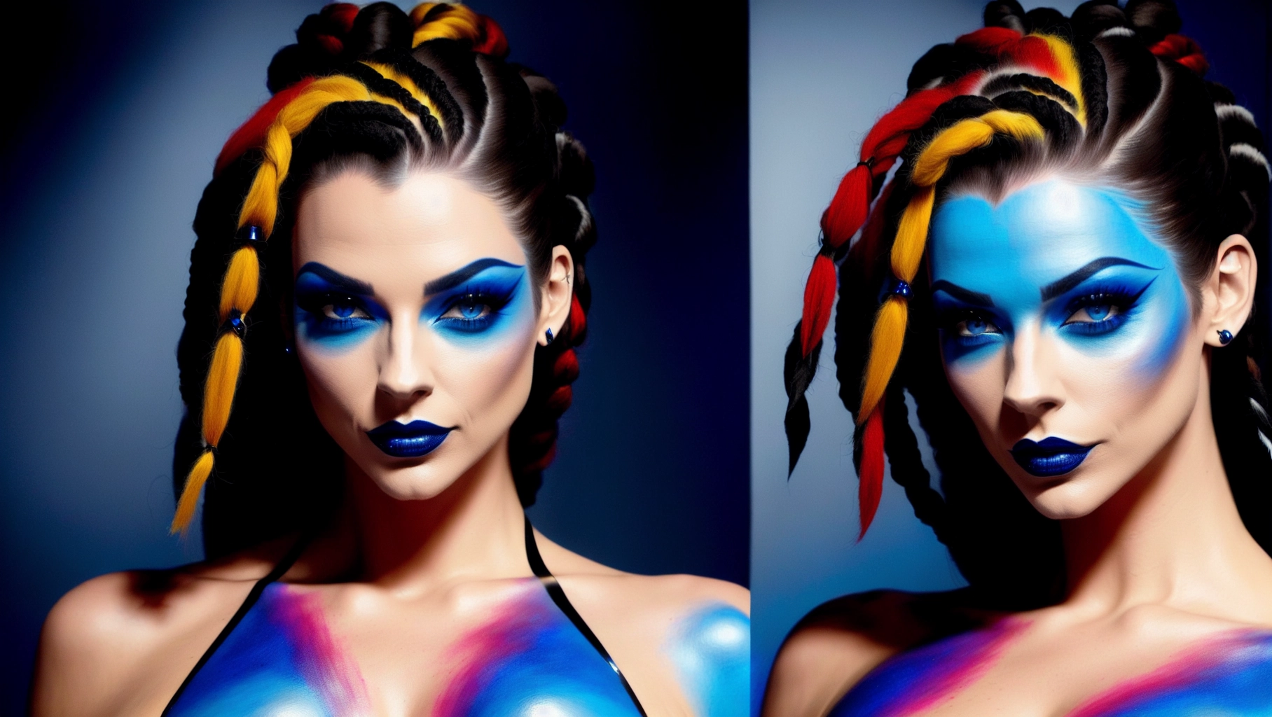 Eastern European stunning, beautiful, model or movie star, blue dread locks, tattoos, face makeup, body paint, smokey eyes, latex leather blue eyes , lingerie , dpmg_barbara_palvin_v1,