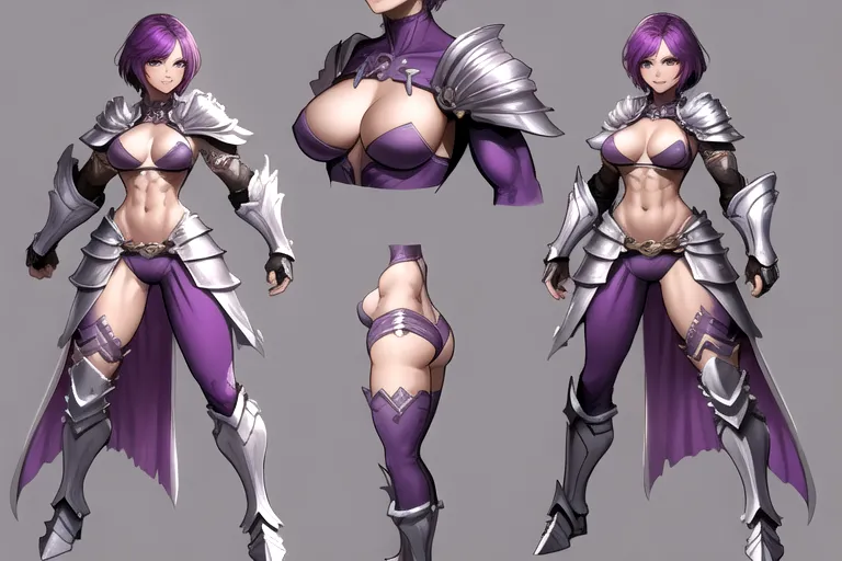 concept art of, gladiator, woman, muscular, medium breast, scars, armor, broadsword, short purple hair,