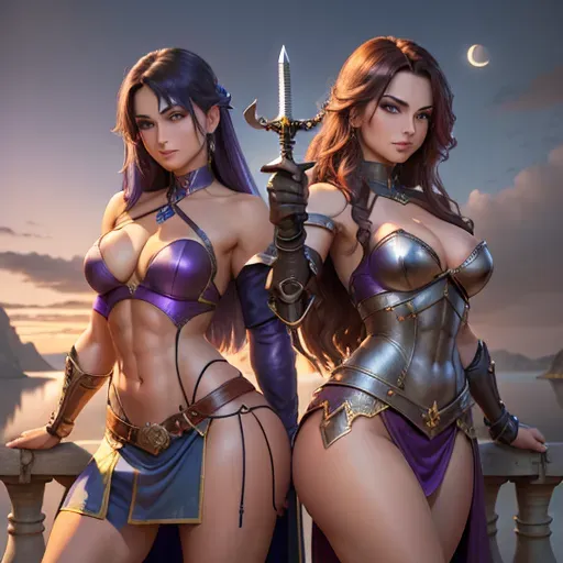 High Resolution, best quality, High fantasy, Dungeons and Dragons, two sexy young women in purple and blue armour, knee long skirt, high leather boots, medium breasts, abs and cleavage, toned and slim body, slender arms and legs, small ass, midrif, narrow waist, sensual expression, sharp features, very beautiful face, detailed eyes, arched eyebrows, sexual pose, holding sword in one hand, pointing towards horizon, looking at the viewer, sensual smile,
castle on a cliff next to a lake in the background, forest, full moon, moon light,
two arms, two hands, five fingers, detailed fingers, two legs, two feet, use correct hair colour, check continuity of arms and hands, check number of hands, check eye configuration