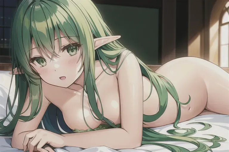 a illustration of an elf girl,green hair, laying down on bed, naked, small breasts,five slender fingers,vagina facing camera,smooth