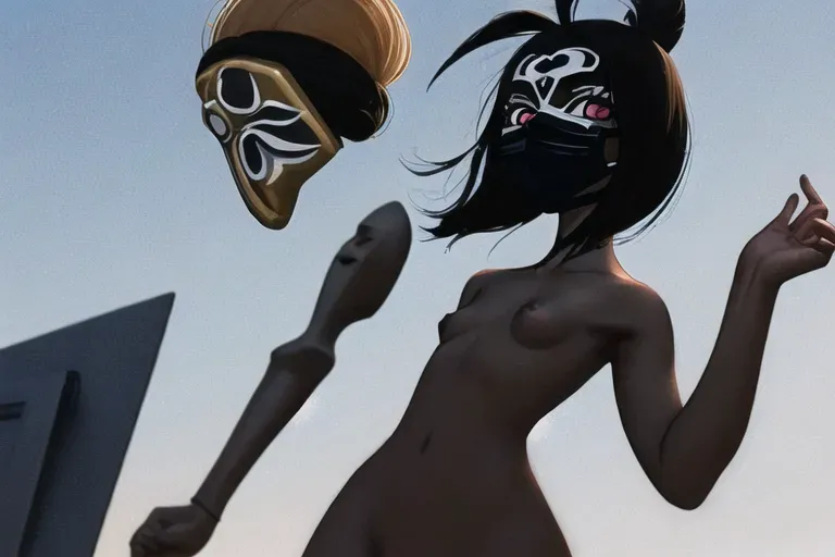 A digital image of a 18 year old girl naked with small breasts and a black face mask on