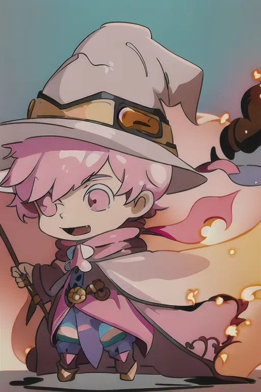 ghibli style, best quality, highly detailed , wizard male, pink hair color, medium shaggy hairstyle, wizard hat and flowing cape, elements of fire showing, chibi cute style, exciting happy mouth open expression ((masterpiece)) ((masterpiece)) <lora:dpmg_ghibli_style:0.92>