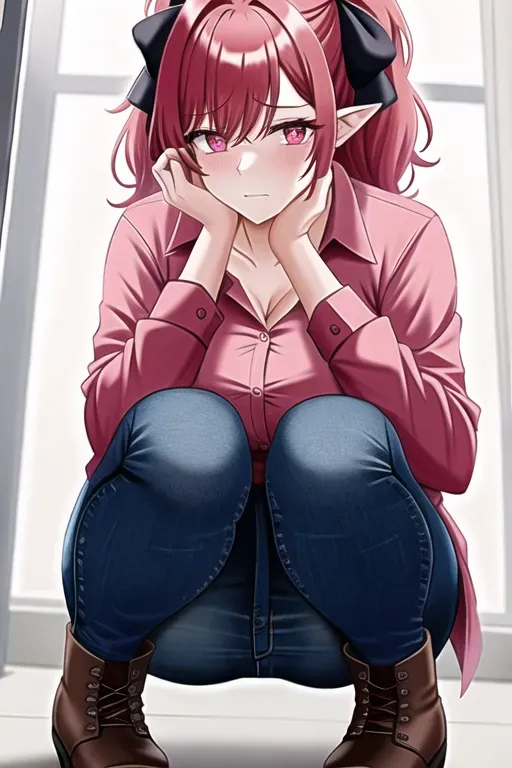 A Woman with big breasts, she is wearing a bright red button up long sleeve shirt, she is wearing dark red jeans, she is wearing black boots, she has a concerned expression on her face, she has red hair, and bright red glowing eyes, she has pointy ears, she is standing in a school hallway, she is sweating a lot and her pants are open, she is close to the camera, it is night, she is squatting down and her jeans are ripped, she has a pink bow in her hair, she looks kind and concerned, it is night time, the lights are off, there is a pink night light on making a faint glow