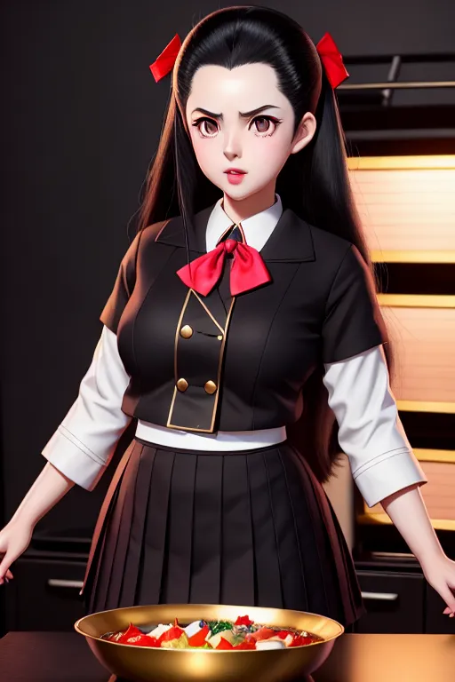 a concept art of,nezuko kamado,wearing japanese high school uniform,doing sexy pose,natural breasts,five fingers per hand,beautiful face,beautiful lips,black eyes,curved eyebrows,pale skin,wearing golden ring,bokeh,surreal,studio lighting,cinematic lighting,ultra realistic