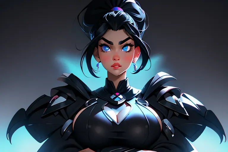 raven-haired beauty, black hair, one ponytail, pale skin, photo cute young face, blue eyes, large full lips, huge gigantic boobs, (gigantic boobs), overflowing black bra, arms crossed under her breasts, photorealistic, best quality, ultra high resolution