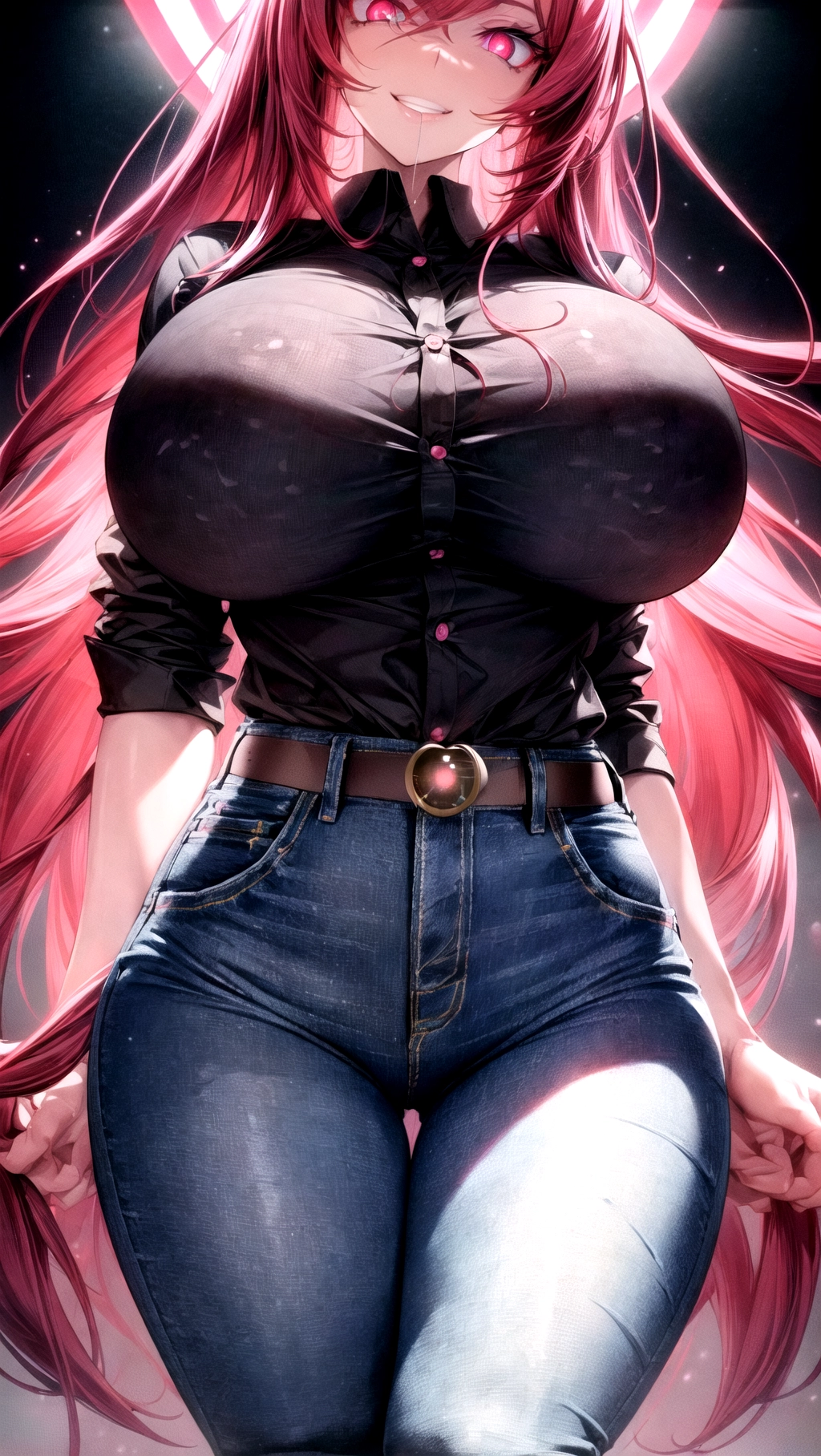 Beautiful, masterpiece, hyper quality, ((((8K resolution)))), hyper resolution, good shadows, good lighting, ((classroom backdrop)), (1girl), solo, female focused, face focus, extreme face details, very close up shot,
A beautiful (teacher) wearing a tight ((button up shirt)) and a ((tight jeans)), big boobs, thigh gap, very smug, smug smile, belt, mouth open, drooling, drool, athletic body, slightly muscular, (translucent clothes), thin clothing,
thick thighs, (((absolutely massive breasts))), skinny waist, (long eyelashes), wide hips, red hair, ((bright pink eyes)), ((((glowing eyes)))),((((hyper detailed eyes)))), perfect hair, <lora:dpmg_add_detail:1.1>