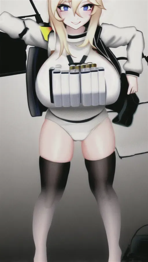 White Woman, white skin, blonde hair, wearing explosive vest, suicide bomber, large breasts, explosive belt, bomb vest, bombs, (( is a suicide bomber )) strapped with explosives, explosive vest, suicide bomb vest, smiling, excited, huge breasts, lots of cleavage, in city