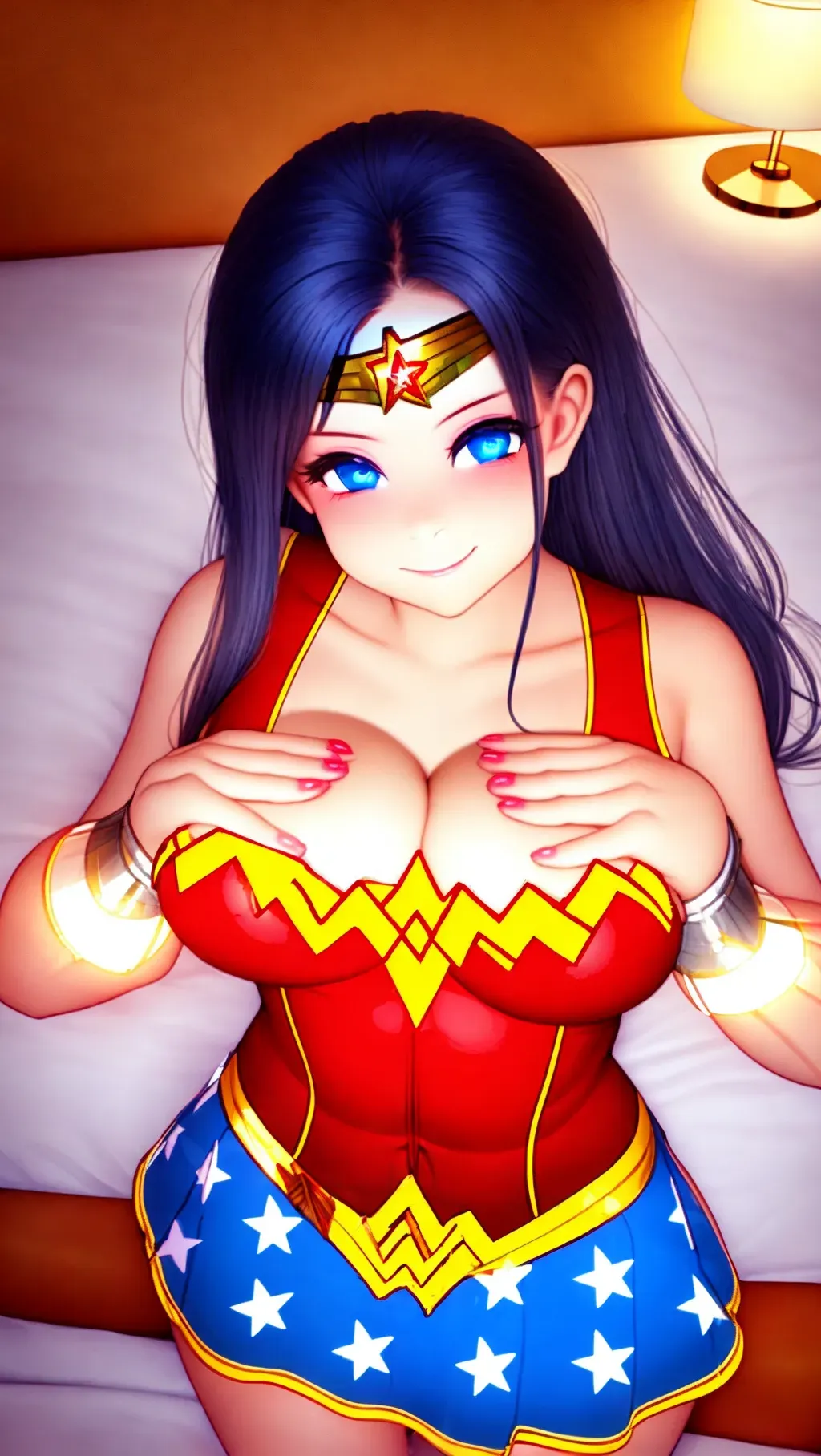 Beautiful Wonder Woman with loving soft smile and mini skirt. perfect big tits, beautiful romantic hotel background with love bed and floating glowing hearts, detailed hands