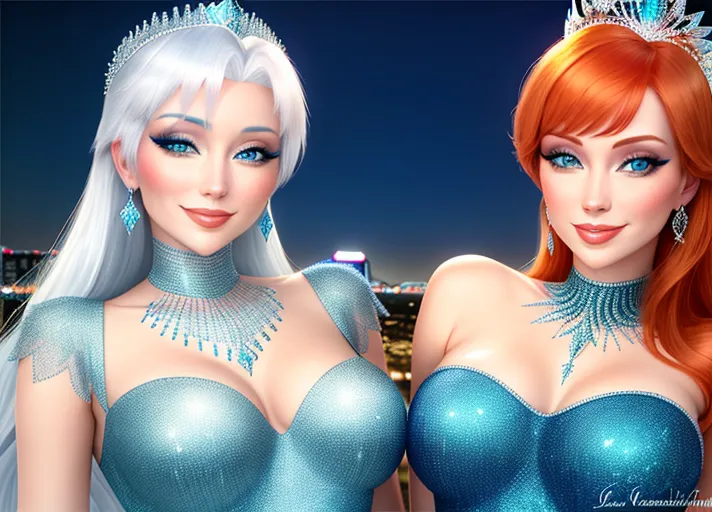 beautiful auburn haired Queen Anna in green and her platinum haired Sister, Elsa in blue, with their beautiful sapphire eyes, visit dazzling Las Vegas Strip at night. Their warm sweet smiles brightening every day.