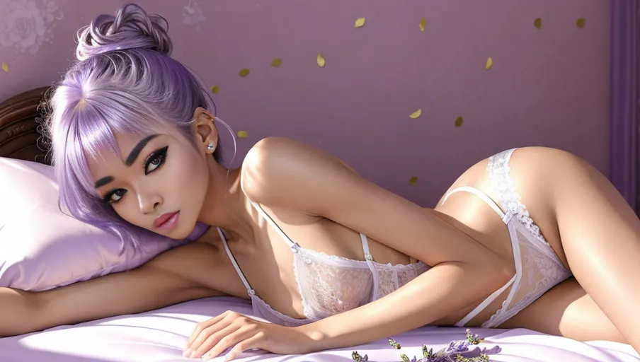 (Masterpiece) 8k resolution, hyper photo realistic, photo of Nyane,
beautiful detailed face, ((skinny)),
((slim body)), ((small breast)), petite slender, sexy, long lashes,
Short lavender hair in a messy bun, glimmering sparkles in hair, detailed white lace lingerie boy shorts, perfect lighting, full body pov, ass, on lavender silky sheets, boudoir background of lavender and gold floral accents, looking at the viewer, flower petals scattered