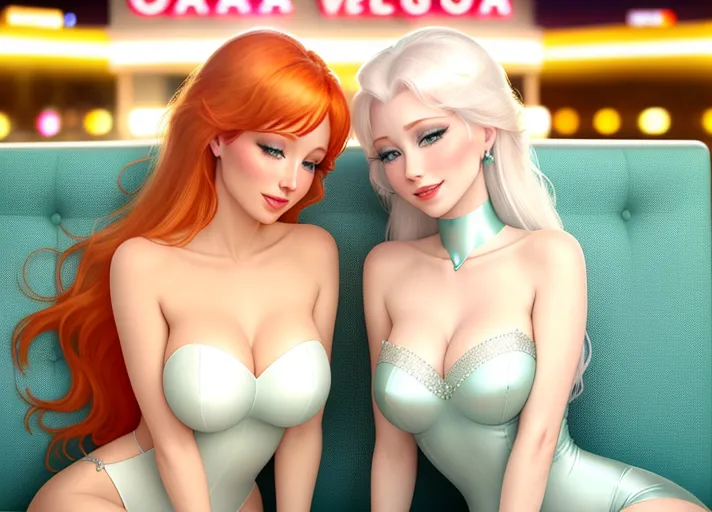 beautiful auburn haired Queen Anna in mint green dress and her platinum haired Sister, Elsa in white, with their beautiful sapphire eyes, visit dazzling Las Vegas Strip at night. Their warm sweet smiles brightening every day. After a long bit of partying and drinking, the sisters find themselves doing body shots off one another.