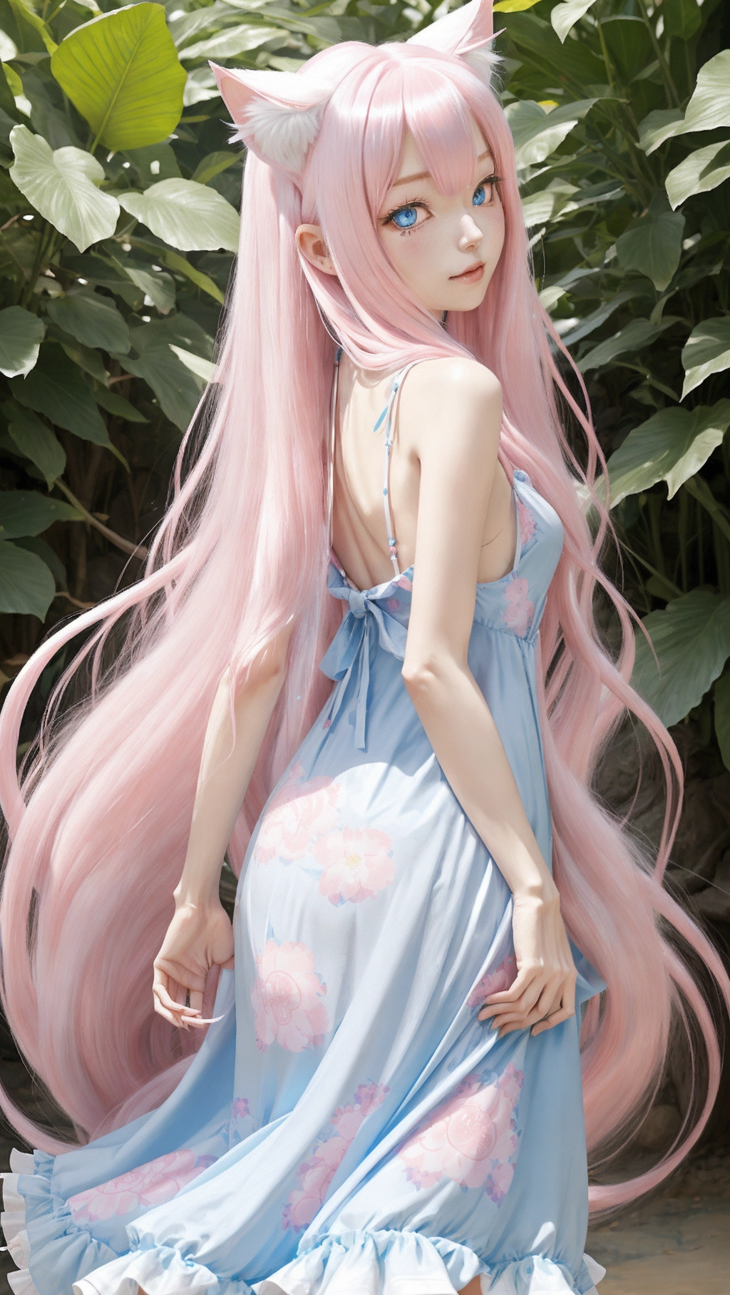 Nana is a slender catgirl, with long, flowing white fur and piercing blue eyes. Her long, pink hair is styled into loose waves that flow down her back, and she is wearing a cute sundress with floral patterns, which shows off her lithe figure. She has a playful aura and a tail that sways rhythmically behind her.
