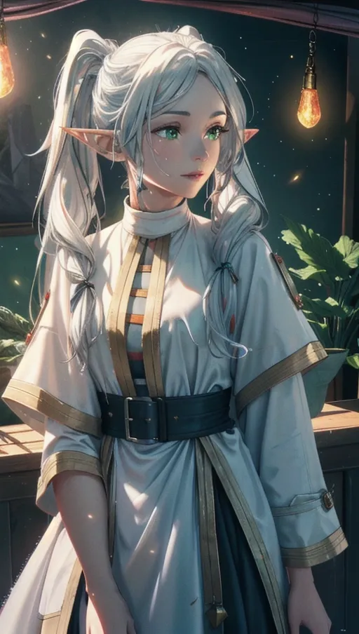 (Best quality), high quality cinematic film, (a portrait of adult female witch casting a fireball in a mediaeval fantasy_classroom with fireflies and lightning), (long white hair with twintails, white witch robes:1.2),
(correct anatomy), (detailed view of realistic face with green eyes and proud expression:1.12), beautiful detailed full lips smiling slightly, long elf ears,
Seductive, dominating and proud, ethereal, (vibrant magical colors in abstract fantasy background:1.2), hyperrealistic skin covered in sweat, interesting composition, <lora:frieren:0.78>,
soft focus, sharp and clear image, (flat shading stylised colorful art:1.07), <lora:dpmg_add_detail:0.25>, (physically-based ray tracing, photon mapping, photorealistic:1.35), (high resolution masterpiece, 4K, HDR, UHD:1.35),