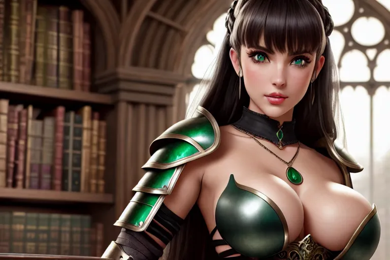 a photo shot of,a crazy girl,wearing medieval armor,arched back pose,at the library,big breasts,five slender fingers,bangs hairstyle,gorgeous face,beautiful lips,green eyes,curved eyebrows,curved eyelid,textured skin,romantic,wearing necklace,professional,cgsociety,smooth,ultra realistic,highly detailed