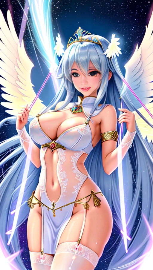 a 64k high detailed photo of Female Goddess, HDR, Professional, Highly Detailed, ((In Lingerie))) ((Has Attire)) Godly Ultra Detailed Best Quality Most Detailed ((Angel Wings)) Angelic Lighting Love Hope Magic casting Crown Smiling Queen happy Glory Warrior Angels Angelics Positivity Happiness ecstasy enraptured sweaty saving God Royalty Morality Goodness True Good Power Force Authority Ethical Saviour Halo short Hair Always and Forever Sentimental in heat hot ultra hot best best lighting tantric Neutral Brilliant Logical Compassionate Perfect Perfection Exciting Integrity Winged Courage Purity Harmony Beauty mark on upper lip ((Female)) Ethereal Lighting Celestial Lighting (((With Clothes))) ((With God Item)) ((God Tech)) (God Technology) with items of power God Wings ((Afterlife Light)) (Perfect Tits) (Perfect Ass) (Perfect Body) (Perfect Anatomy) (((((Love Worship)))) ((God Light)) ((God Staff))) ((God Weapon)) ((((Spirituality)))) (((Erotic))) ((Pinup)) AJH (Romance) (Smiling (Happy expression) ((Angelic Glow))