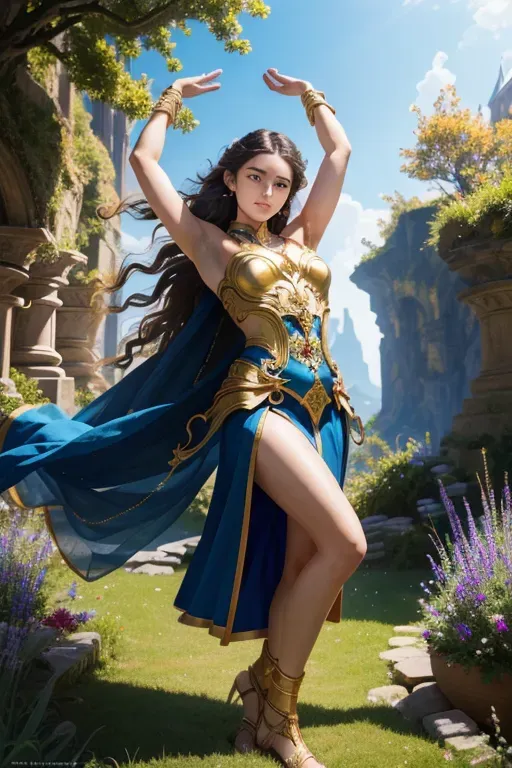 beautiful, masterpiece, best quality, extremely detailed face, perfect lighting, full body shot, photo shoot, randomly chosen fantasy outdoor locations. hands up, armpits, visible armpits hair