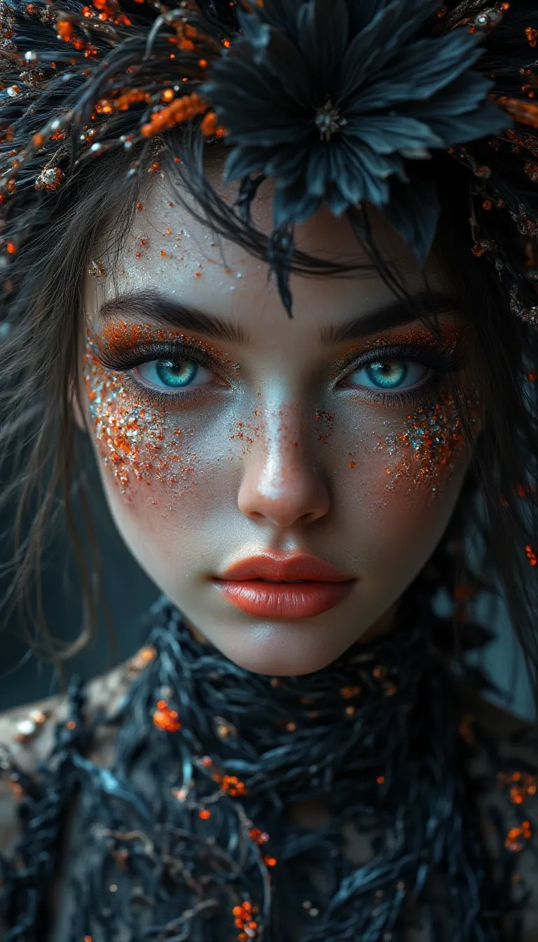 A hyper-realistic portrait of a stunning supermodel, featuring a beautifully detailed face with intricate. The image blends futuristic and traditional elements with a neo mode, avant-garde style, characterized by delicate and sleek lines, vibrant colors, and exquisite details. The modelâs eyes captivate with complex colored irises, while her unique, crazy hairstyle adds to the surreal and mysterious charm. The overall composition is symmetrical and fluid, with an ethereal and timeless aura. The interplay of light and shadow enhances the high-fashion aesthetic, capturing the essence of cyberpunk and folklore in a visually striking and artistic statement, Midjourney_Whisper
