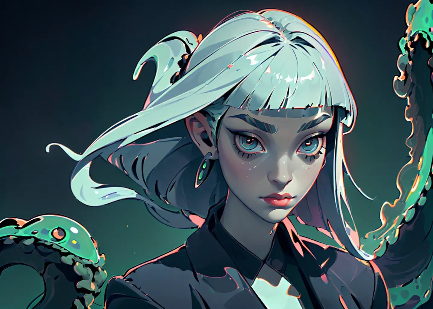 realistic HD concept art (((full body portrait))), (((youthful actress Chloe Sevigny )))((((accurate face))))(((malicious sly facial expression))),(((as high Priestess of Cthulhu)))(((Eldritch Tentacles Abominations)))(((wearing an alien skin catsuit)))(((holding a tentacle whip)))(((slime bukkake))),(((floating in midair)))(((perky breasts)))(((radiating eldritch power))),(((slender willowy body))), five slender fingers, beautiful face, beautiful lips,detailed large eyes,curved eyebrows,cgsociety,professional,editorial,(((Long sleek blunt bangs peaked hairstyle)))