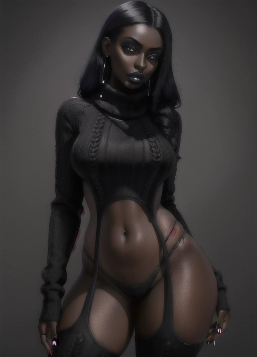 <lora:virgin_destroyer:1> virgin destroyer sweater, 1girl, masterpiece, best quality, highly detailed, (((dark skin))), black hair, black lipstick, goth,