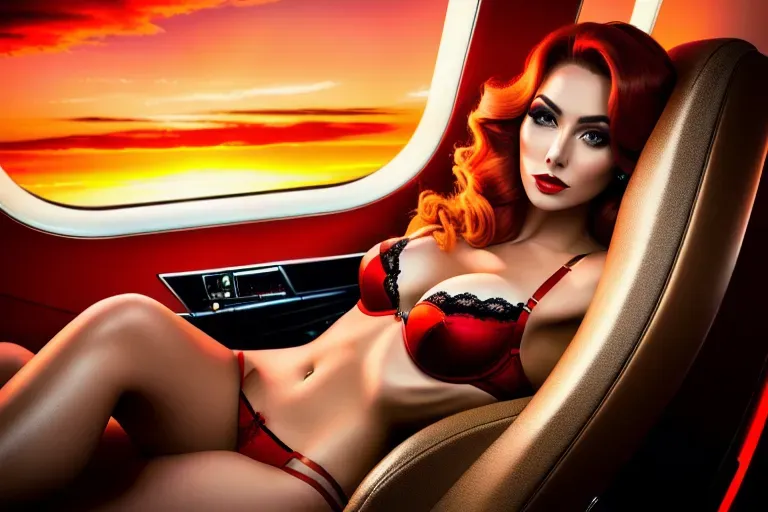 photograph, 20 year old, a young actress, insanely beautiful, lingerie, red, private jet, sunset, indoor lights, scared, 8k, professional