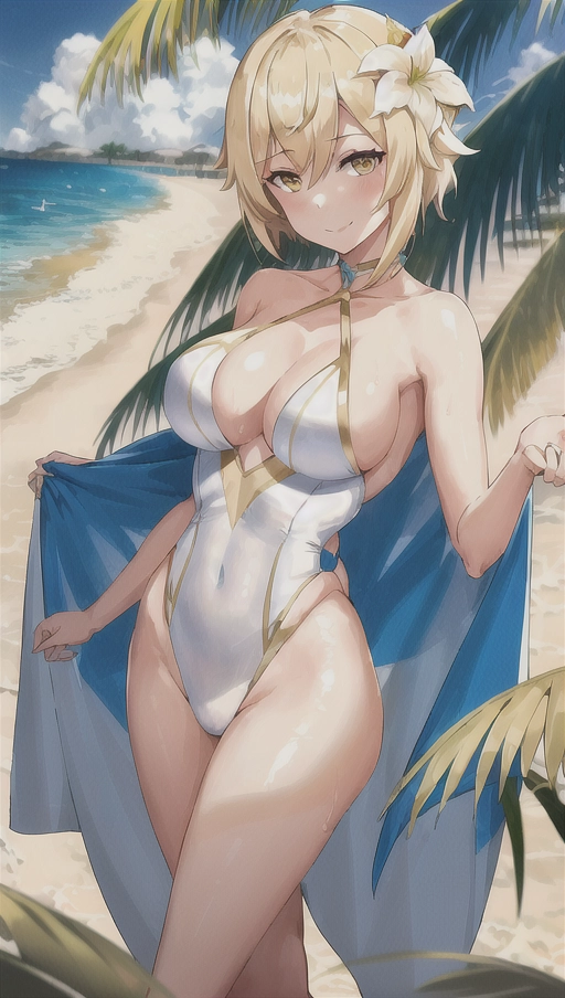 1 girl, Genshin Impact, Lumine, short blonde hair, gold eyes, white flower in hair, white one-piece swimsuit, beach, standing under palm tree, teasing, smirking, alluring
