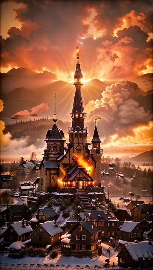 Sunset sky,
Fiery sky,
The sunset is sprouting solar flare tentacles burning the dusk sky and a village beneath it