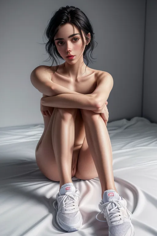 nude, full body, wearing only white socks and sneakers, 8k photo of a ((Thin, extremely cute woman )), realistic skin, black hair, the view is from slightly above and the front, legs spread, (best quality:1.4), ((masterpiece)), ((realistic)), (detailed), photorealistic, ultra detailed, Perfect body, Perfect face, 30mm lens <lora:dpmg_add_detail:1>
