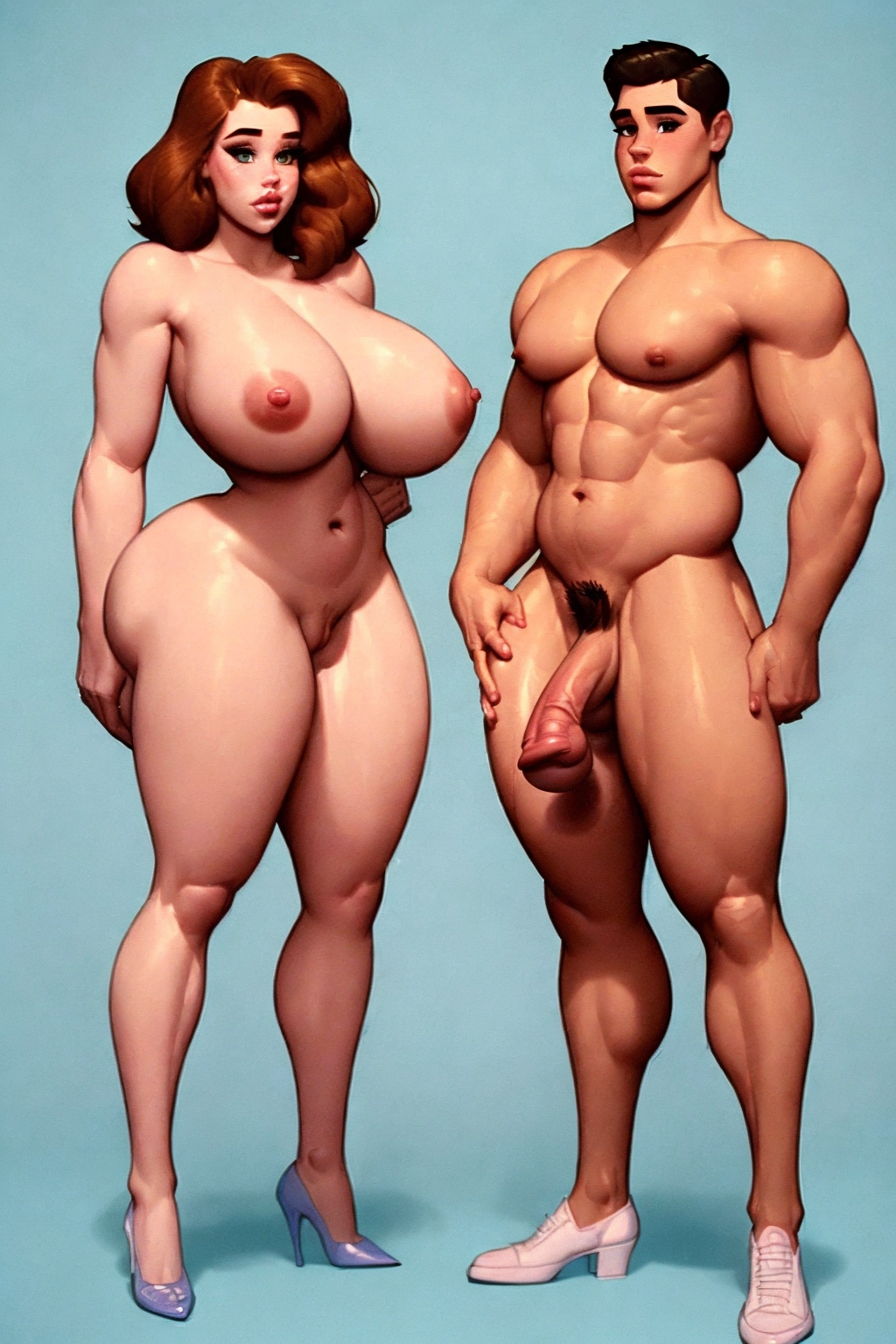 2 people posing. One is a modern sexy disney style female 18yo girl with shaved delicate pussy, the other is a endowed male boy. The have a boy big hard penis thick dick. Both naked. Straight. Anatomically accurate. Cisgender. Detailed.