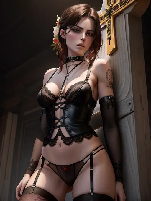 High resolution Digital art of Lena Meyer-Landrut, beeing tied to a cross, wearing black lingerie, bdsm